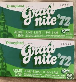 Vintage Disneyland graduation night ticket from June 14, 1972, for the Hawthorne Historical Society newsletter.