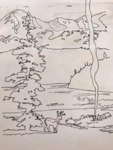 Hand-drawn landscape of Hawthorne Youth Camp featuring trees, mountains, and a deer, capturing the natural beauty and outdoor activities of the historic site.