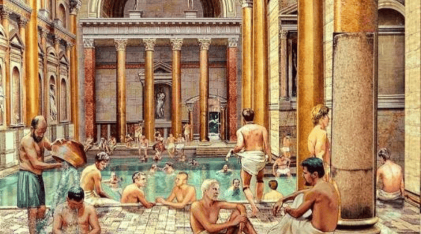 Ancient Roman bathhouse with people relaxing in hot pools, surrounded by grand columns and classical architecture, showcasing historical leisure practices.