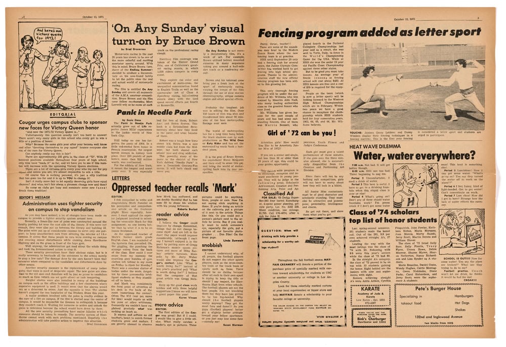 Vintage Cougar newspaper page from October 15, 1971, featuring local news, sports, and community updates.