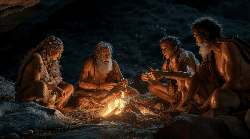A group of people sitting around a campfire at night, sharing stories and enjoying each other's company, highlighting community and historical traditions.